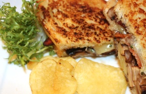 Grilled Cheese Sandwich with bacon and mushrooms