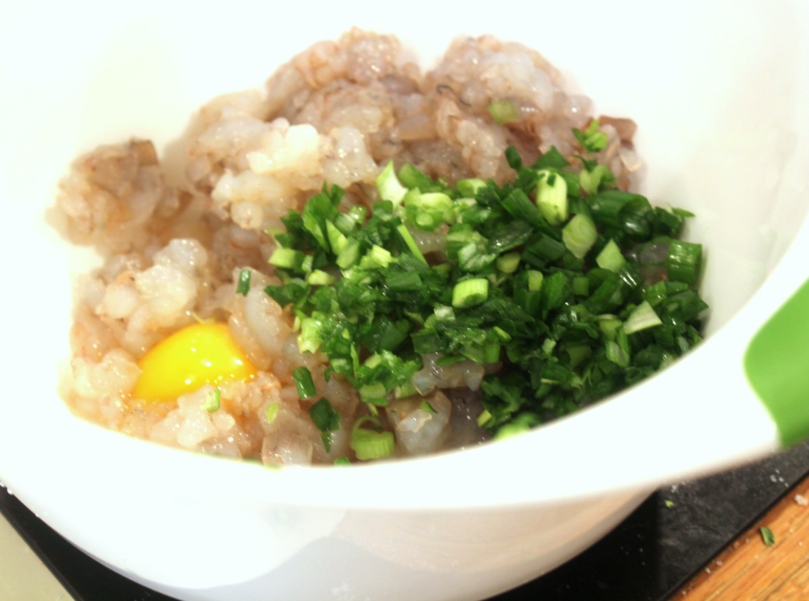 Raw shrimp, egg, and green onion