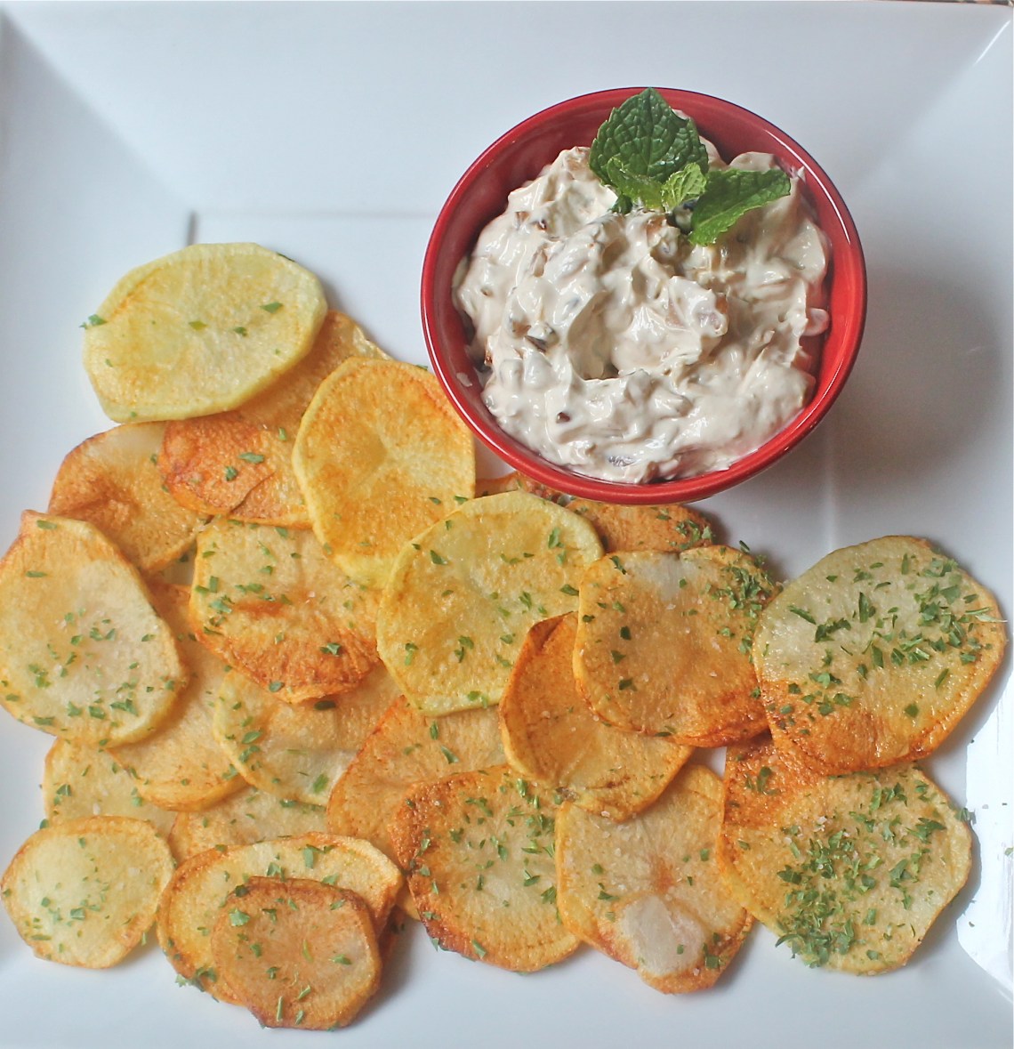 Carmelized Onion Dip with homemade chips