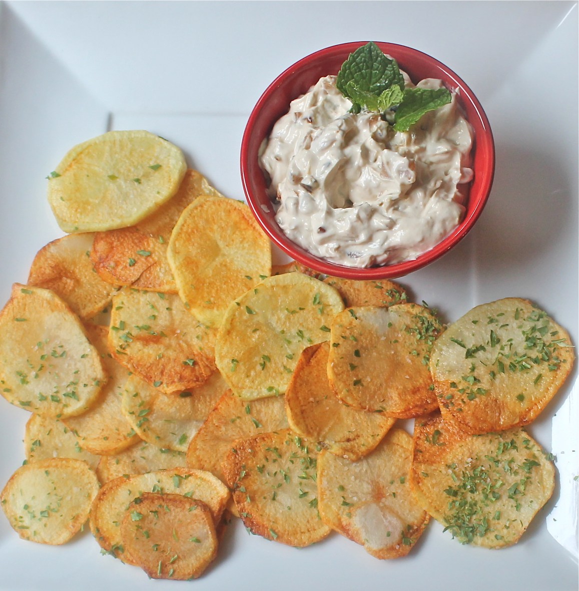 Carmelized onion dip with Parsley Chips