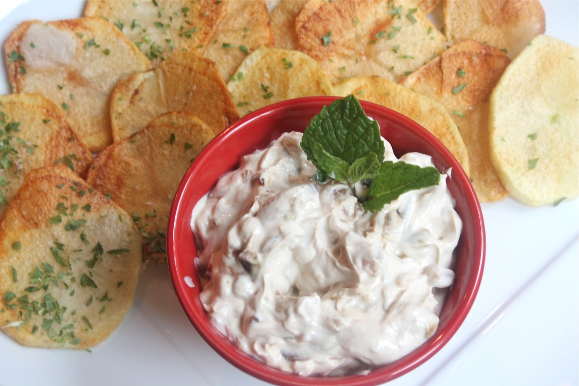 Carmelized Onion Dip with Parsley Chips